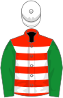 Scarlet and white hoops, green sleeves, white cap