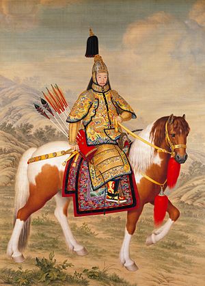 צ'יינלונג, קיסר סין בן שושלת צ'ינג, לובש שריון קרב טקסי. איור של ג'וזפה קסטיליונה משנות ה-40 של המאה ה-18.