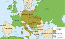 Map of Europe focusing on Austria-Hungary and marking the central location of ethnic groups in it including Slovaks, Czechs, Slovenes, Croats, Serbs, Romanians, Ukrainians, Poles.