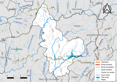 Carte en couleur présentant le réseau hydrographique de la commune