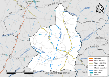 Carte en couleur présentant le réseau hydrographique de la commune