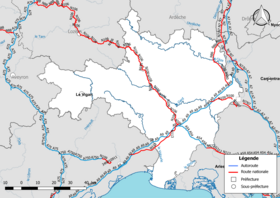 Carte du réseau routier national (autoroutes et routes nationales) dans le département du Gard