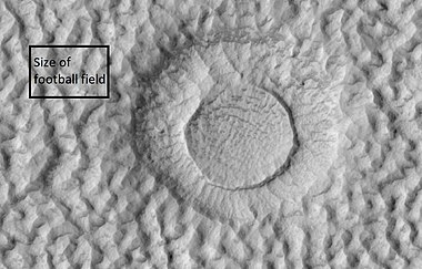 Close view of ring-mold craters and brain terrain, as seen by HiRISE under HiWish program. Rectangle shows size of football field for scale.