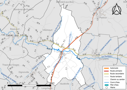 Carte en couleur présentant le réseau hydrographique de la commune