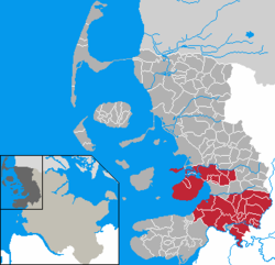 Map of Nordfriesland highlighting Nordsee-Treene