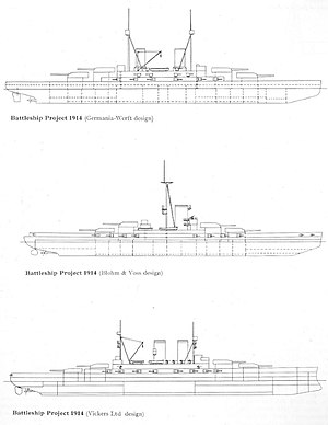 Three line drawings of a battleship: the first and third have two funnels and two masts, while the second has just one funnel and one mast; all feature four main turrets and casemated guns