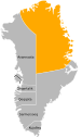 Découpage administratif du Groenland depuis le 1er janvier 2009, avec les quatre municipalités (en gris) et le Parc national du Nord-Est du Groenland (en orange).