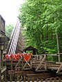 The track switch, lift hill and train of the Grizzly Roller Coaster at Kings Dominion, VA