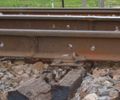 Two rail welds in continuous welded rail on the BNSF Railway near Prairie du Chien, Wisconsin.