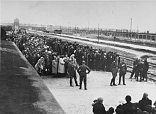 A photograph shows hundreds of men and women in two lines on a platform beside two railroad lines. Another line of prisoners has formed on the opposite side of the tracks.