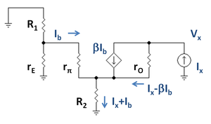 Figure 2: Small-signal circuit for finding output resistance of the Widlar source shown in Figure 1. A test current Ix is applied at the output, and the output resistance is then RO = Vx / Ix.