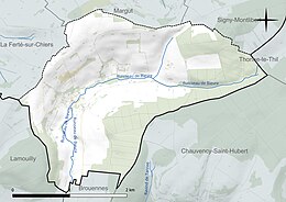 Carte en couleur présentant le réseau hydrographique de la commune