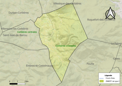 Carte des ZNIEFF de type 2 sur la commune.