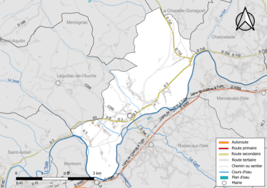 Carte en couleur présentant le réseau hydrographique de la commune