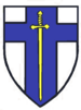A blue cross with a superimposed crusader sword, on a white crusader shield background.