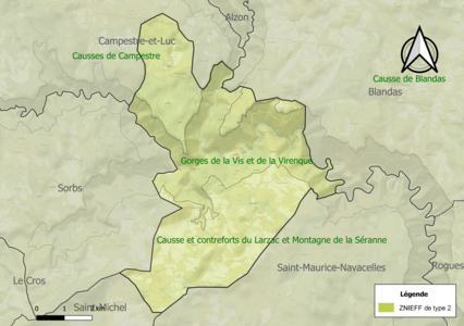 Carte des ZNIEFF de type 2 sur la commune.