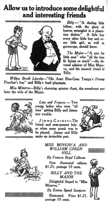 1919 advertisement for books, Miss Minerva and William Green Hill and the sequel Billy and the Major