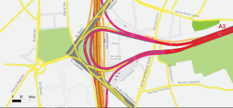 Schéma de l'échangeur de la porte de Bagnolet; le périph est vertical; l'autoroute A3 se raccorde par la droite