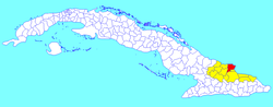 Banes municipality (red) within Holguín Province (yellow) and Cuba