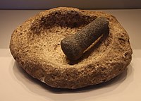 Mortar and pestle from Nahal Oren, Natufian, 12500-9500 BC.