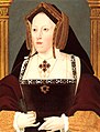 A portrait of Queen Catherine of Aragon, Henry the eight's first wife. She wears a black French-style gown with yellow undersleeves and a golden gable good