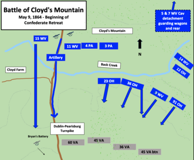 map showing Union and Confederate troop positions with Confederate troops further south compared to the beginning of the battle