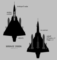 ミラージュ2000Nの兵装。胴体中心線下にASMP核ミサイル、主翼下外側にR.550マジックを装備。