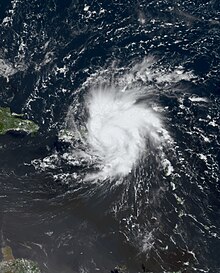 Satellite image of Hurricane Dorian passing by Puerto Rico and over the Virgin Islands on August 28