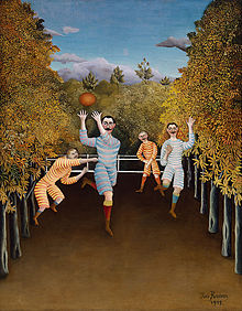 An oil painting of four moustached men, two wearing orange and white striped jerseys and shorts, the other two wearing blue and white striped jerseys and shorts, contesting a rugby ball within an avenue of trees.