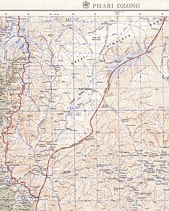 AMS map from the 1950s; the topography is quite wrong, but the border crosses Amo Chu at the village called "Asam"; a little to the right of it is the Langmarpo and further to the right Kyanka river/Charitang.