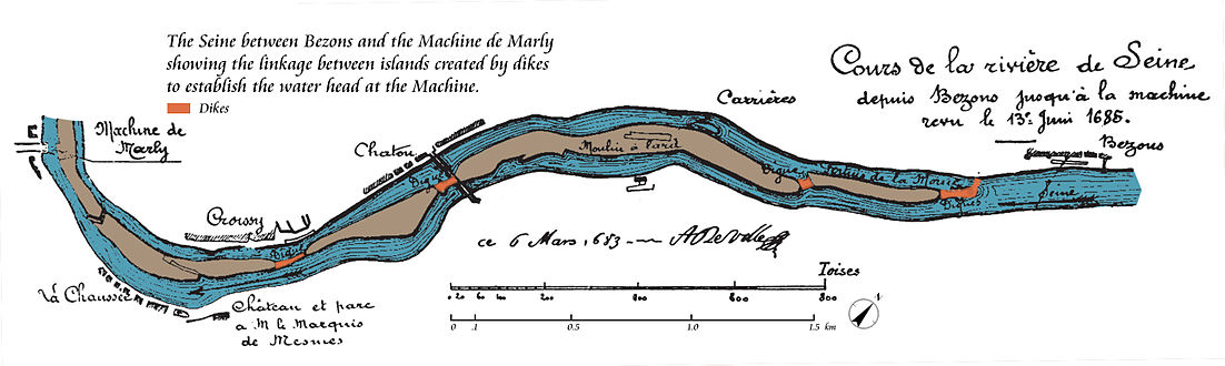 The Seine between Bezons and the Machine de Marly showing the linkage between islands created by dikes to establish the water head at the Machine