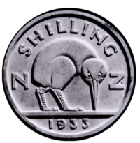 A model of a New Zealand shilling design. An abstract kiwi is facing towards the viewer, beak pointed towards the ground. The letters "N" and "Z" are behind and to the left and right of the bird, respectively. Below a flat ground-line is the date, 1933, while arcing above is the text "SHILLING".