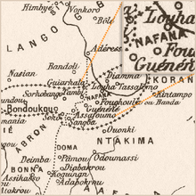 map in black and white filled with (apparent) place names and different kinds of lines (normal, consisting of small crosses, of small points, and of orange-colored points that form two straight lines)