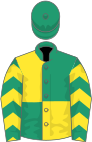 Emerald green and yellow (quartered), chevrons on sleeves