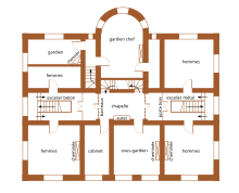 Plan en couleurs de l'étage d'un bâtiment, avec pièces et accès.