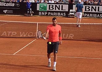 Tsonga in a blue shirt looking away from the camera.