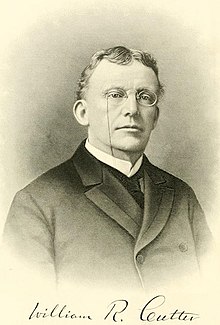 A black-and-white portrait of a man wearing glasses, with "William R. Cutter" written below