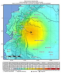 美国地质调查局提供的本次地震烈度分布图，震中以五角星标识。