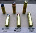 .32 H&R Magnum (center) in comparison with .32 Smith & Wesson Long and 7.62×38mmR Nagant