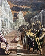 Venetian merchants with the help of two Greek monks take Mark the Evangelist's body to Venice, by Tintoretto