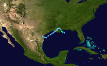Track of a disorganized tropical storm tracking across Louisiana and Texas.