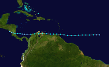 A track map of a tropical storm that moves over the deep tropical Atlantic Ocean, extreme northern South America, and the extreme southern Caribbean Sea, ending over Nicaragua