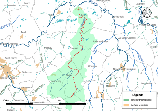 Le Creuzançais (en rouge) et la zone hydrographique dans laquelle il s'insère.