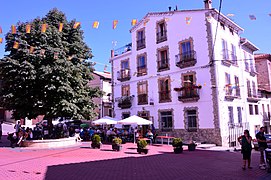 Paisaje urbano con detalle del castaño de indias (Aesculus hippocastanum) en la plaza Mayor