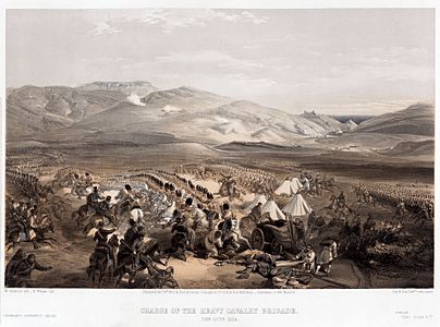 Charge of the Heavy Brigade at Battle of Balaclava, by William Simpson (edited by NativeForeigner and Adam Cuerden)