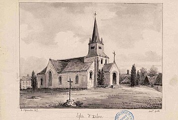 Dessin de l'église d'Erlon en 1877 par Amédée Piette.