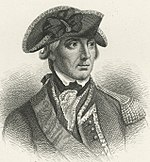 Black and white print of Sir William Howe in military uniform and three-cornered hat