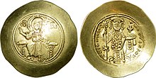 A gold coin stamped with the image of Nikephoros III and Christ Pantocrator