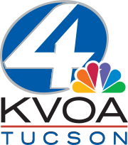 A tilted blue oval containing a white 4 and partially overlapped by a small NBC peacock. Underneath is the call sign K V O A above a red line and the word TUCSON below it.
