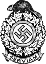 Logo of the Parti National Socialiste Chretien du Canada, a swastika emblem surrounded by a wreath of maple leaves with a beaver on top